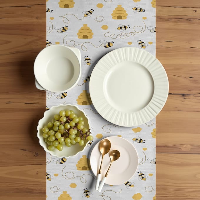 ABAKUHAUS Bijen-tafelloper – rechthoekig 40×180 cm – mosterdgeel-wit, polyester