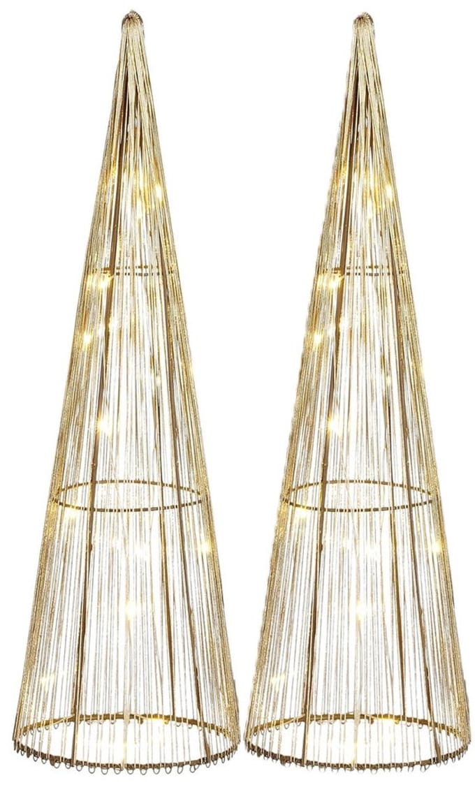 Mica Decorations LED kegel - 2x - kerstboom lamp - goud - polyester/metaal - H40 cm - kerstverlichting