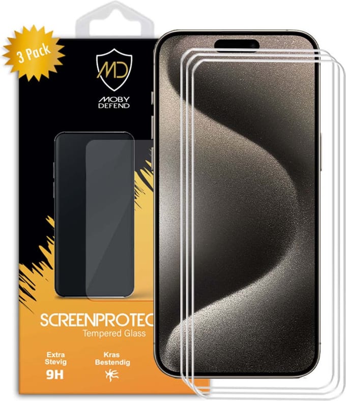 3-Pack MobyDefend Screenprotectors - Geschikt voor iPhone 15 Pro - Case-Friendly Screensavers - Gehard Glas