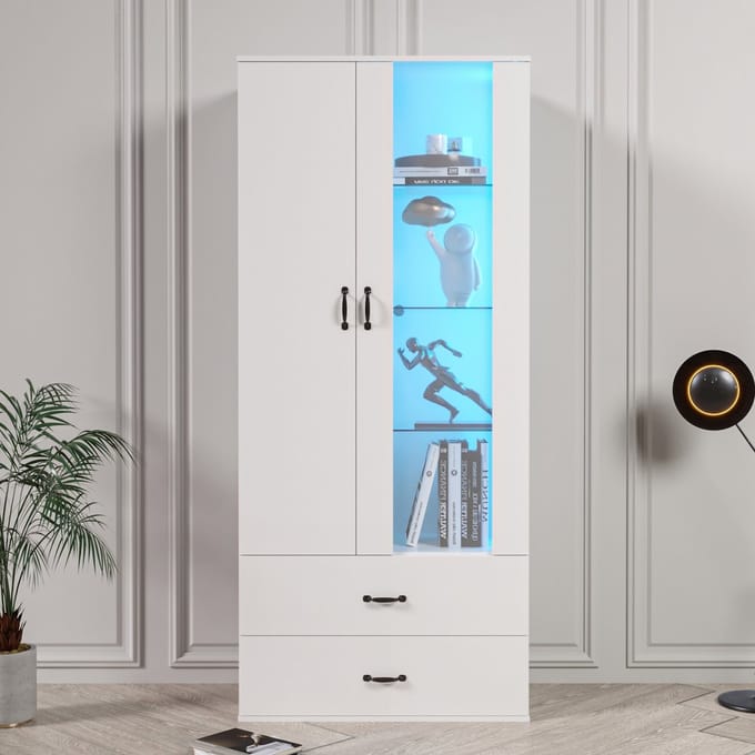 Sweiko Vitrinekast - 16 Kleuren LED Verlichting - 2 Deuren 2 Laden - Boekenkast - Wit