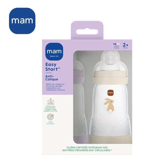 Lot de 2 Biberons - MAM - Easy Start / Anti-Colique - 260 ml - Tétine Débit 2 - Lilas + Sable
