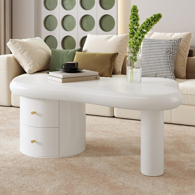 Salontafel - Onregelmatig Design met 2 Laden - Ruimtebesparend en Stabiel - MDF - Wit