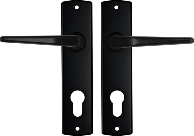 AXA Binnendeurbeslag set (Curve) Zwart: Kruk (model Duim) op schild met cilindergat PC72