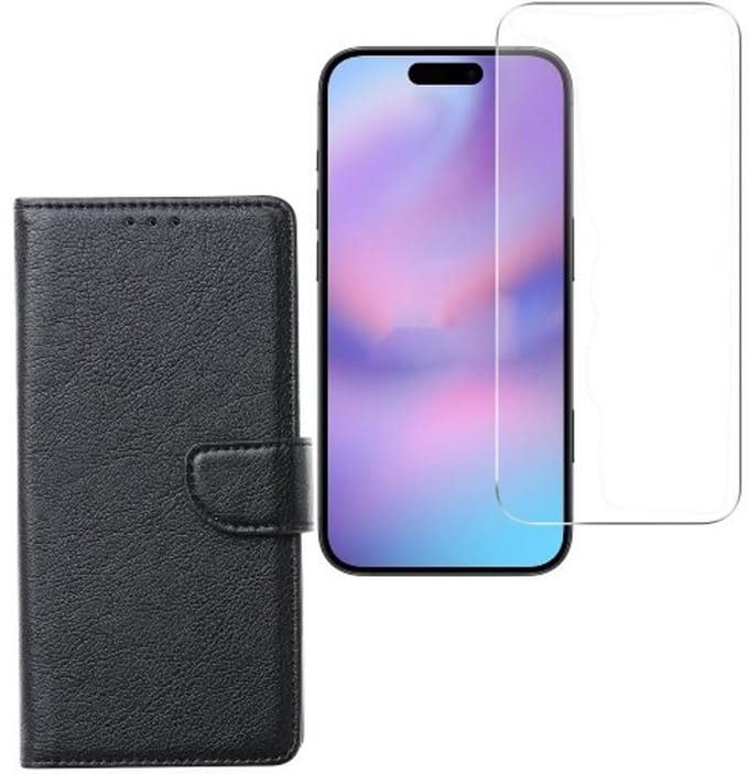 Bookcase Hoesje Geschikt voor: Apple iPhone 17 Pro - Zwart - Portemonnee hoesje + 3X Tempered Glas Screenprotector
