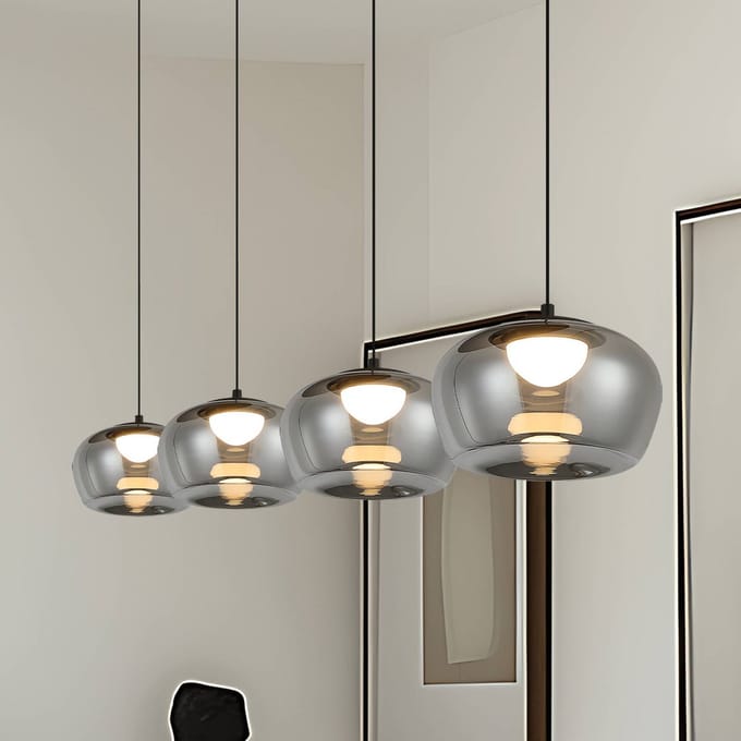 Viokef LED hanglamp Nadia, lengte 92 cm, rookgrijs, glas, 4-lamps