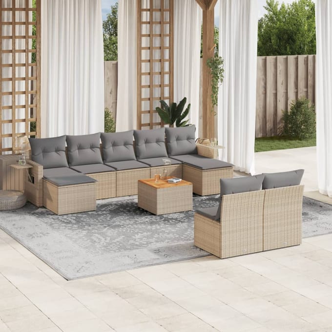 vidaXL - 10-delige - Loungeset - met - kussens - poly - rattan - beige