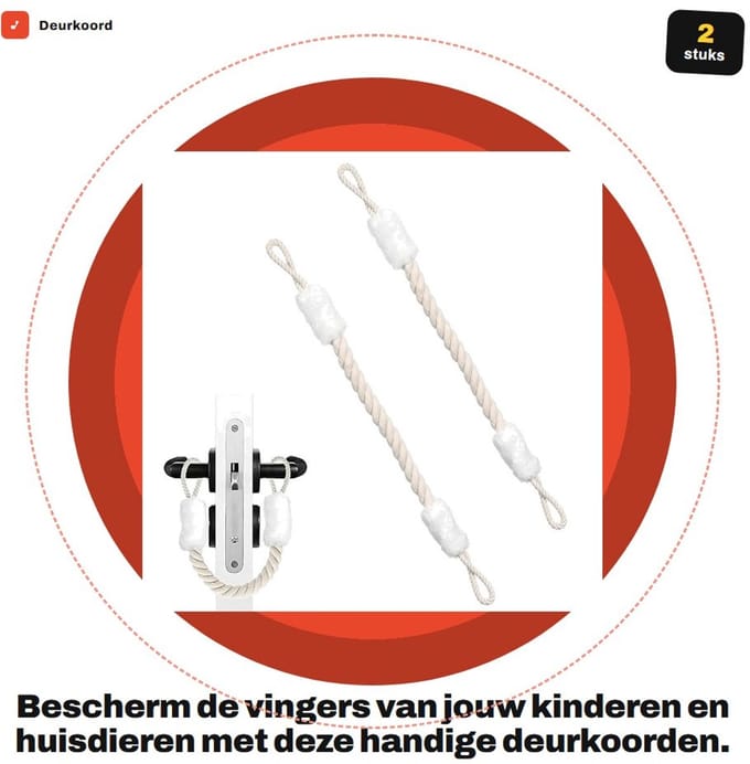 Dailygoods- Deurkoord 60 cm - Deurstopper - Klemmen voor kinderen - Vingerbescherming - Set van 2 - Katoen en polyester