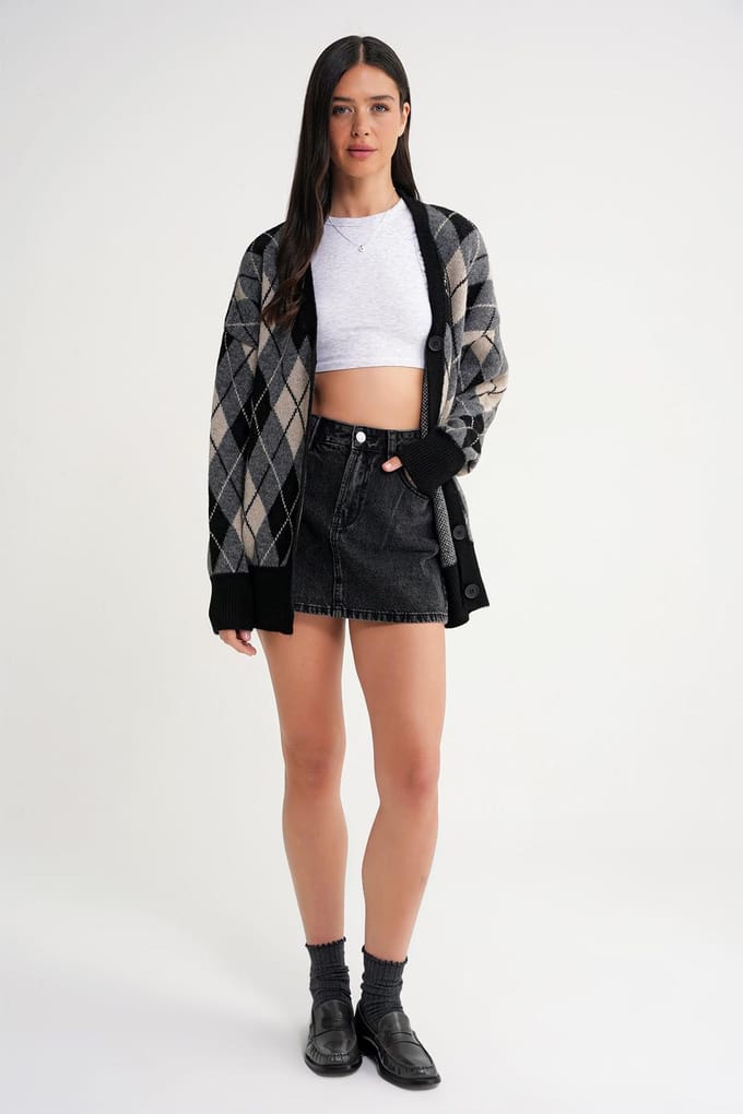Oversized Argyle V-hals Geknopte Cardigan