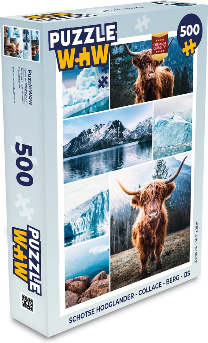 Puzzel Schotse hooglander - Collage - Berg - IJs - Legpuzzel - Puzzel 500 stukjes