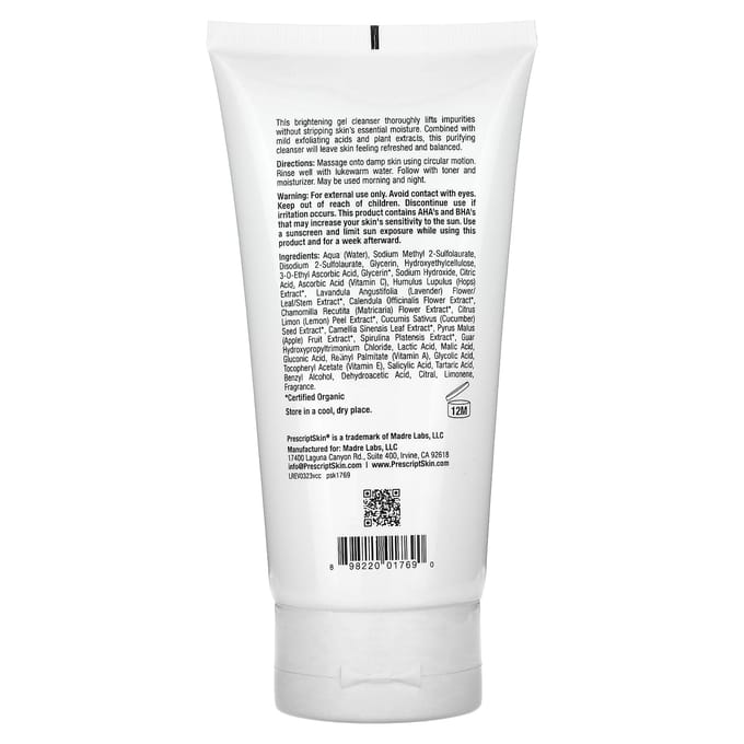 PrescriptSkin, nettoyant à la vitamine C, gel nettoyant éclaircissant amélioré, 6 fl oz (177 ml) white