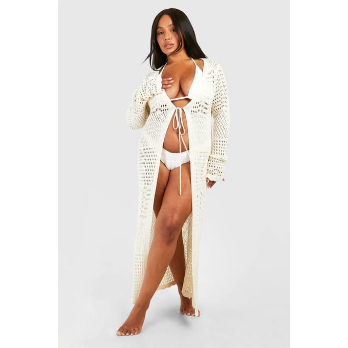 boohoo Dames Plus Gehaakte Strand Kimono | Cream | Maat: 28