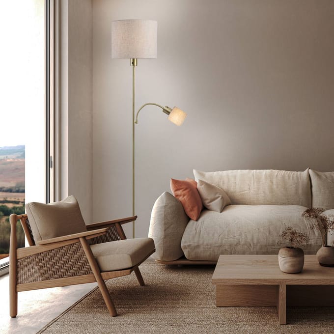 Näve Vloerlamp Filomena, beige/messing, textiel, leesarm, E27, E14