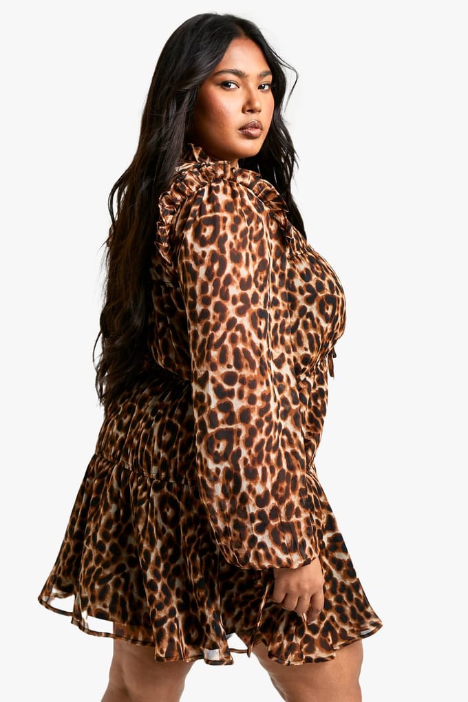 boohoo Dames Plus Leopard Tie Front Smock Dress | Maat: 16