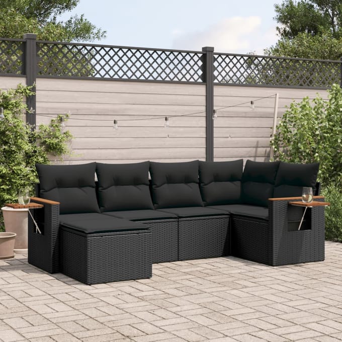 vidaXL - 6-delige - Loungeset - met - kussens - poly - rattan - zwart