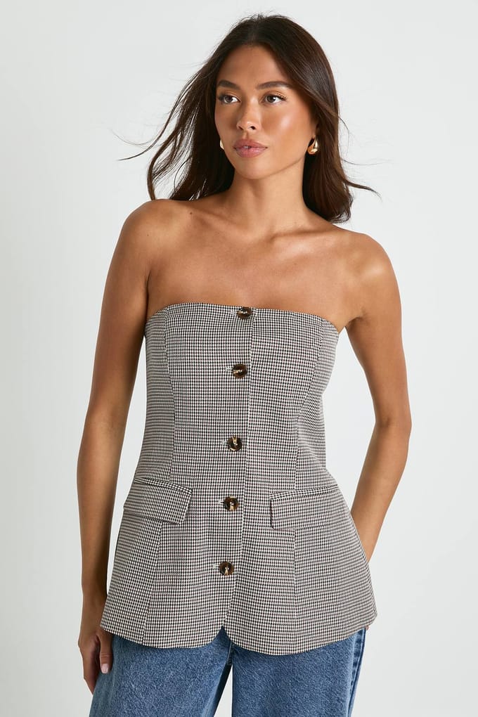 boohoo Dames Tonal Mini Check op maat gemaakte bandeautop | Steen | Maat: 44