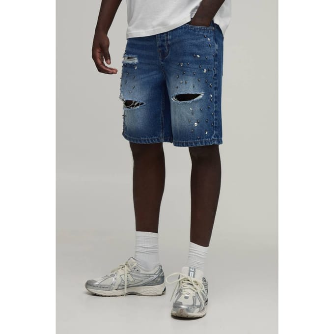 Relaxed Rhinestone Embellished Ripped Denim Shorts | Mid Blue | Size 52