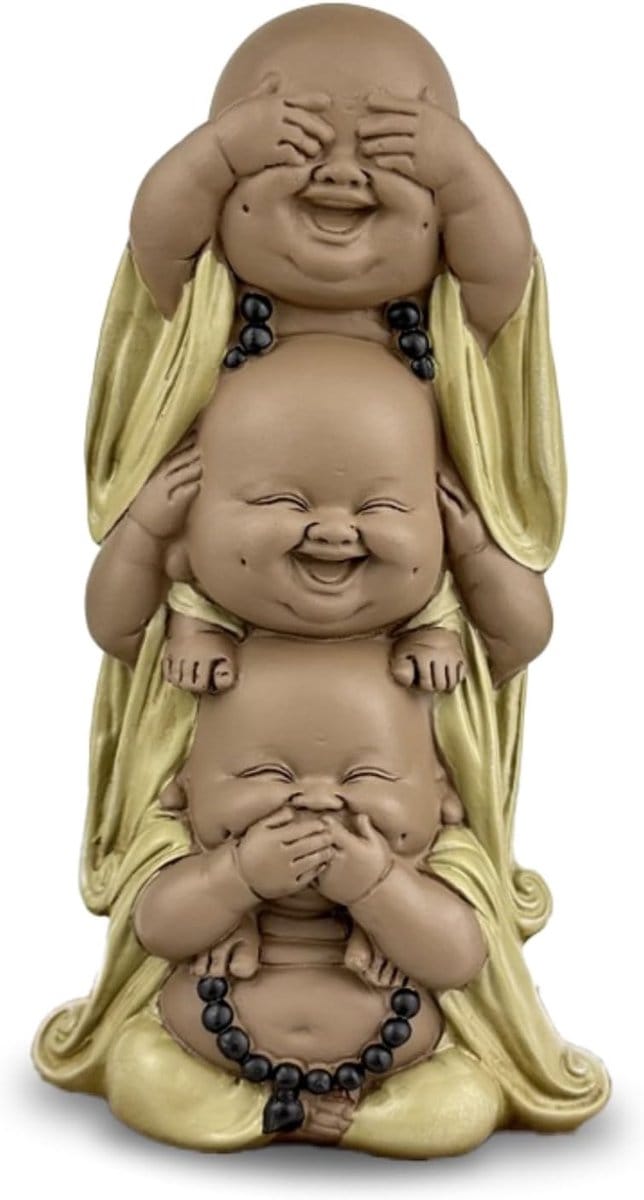 Drie Lachende Boeddha's - Symbolisch Ensemble - Zen Decoratie - Handgeschilderd Vakmanschap - Hoogte 18 cm - Bruin Beige
