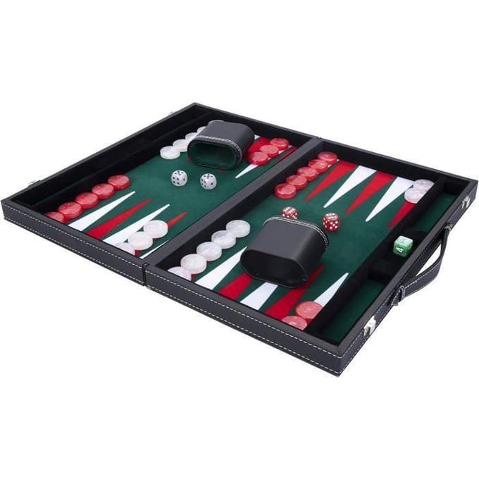 Backgammon 15 inch - Groen, Rood & Wit Ingelegd Bord - Luxe Kunststof Koffer met Handvat - Engelhart