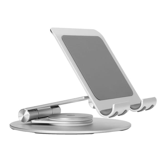 Support de téléphone pliable Rotation à 360 degrés Hauteur réglable Support de bureau en aluminium avec base stable pour argenté