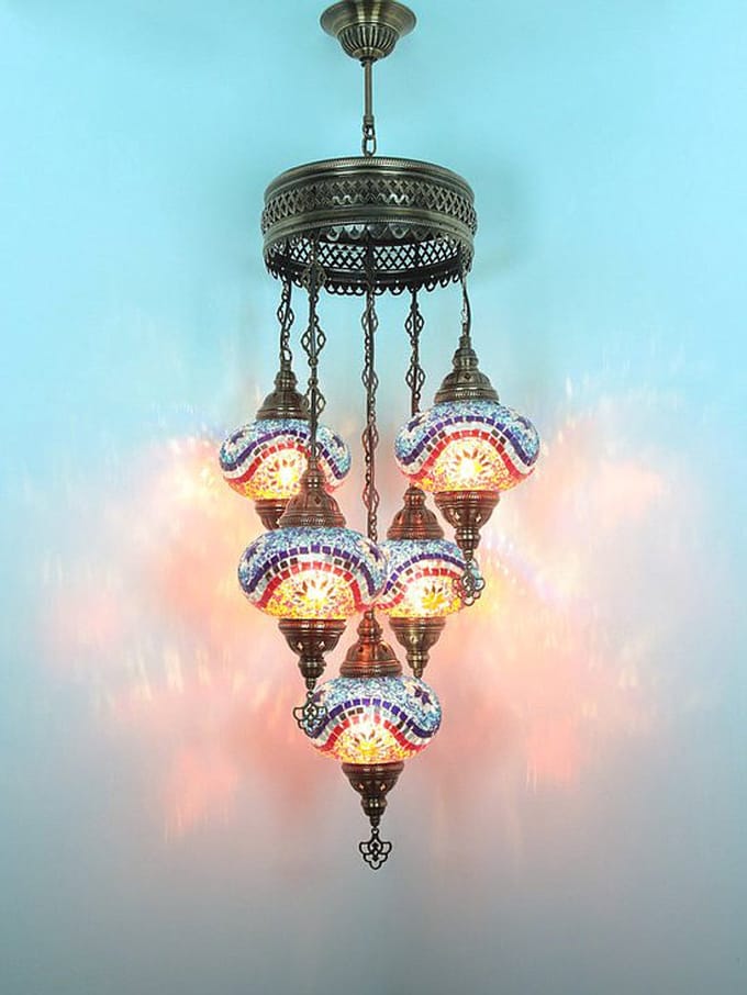 Turkse hanglamp mozaïek glas blauw multicolour - hanglamp 5 bollen - hoogte 110 cm - E-14 fitting