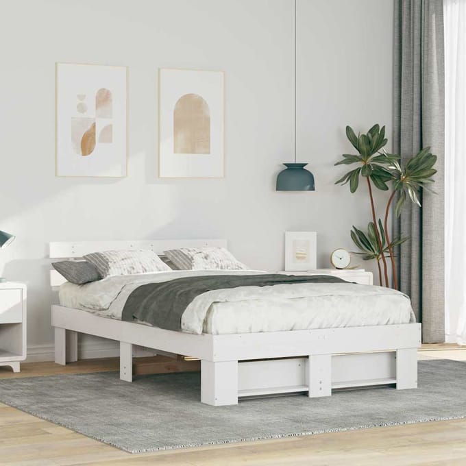 vidaXL - Bedframe - met - hoofdeinde - Wit - 140 - x - 190 - cm - Massief - grenenhout