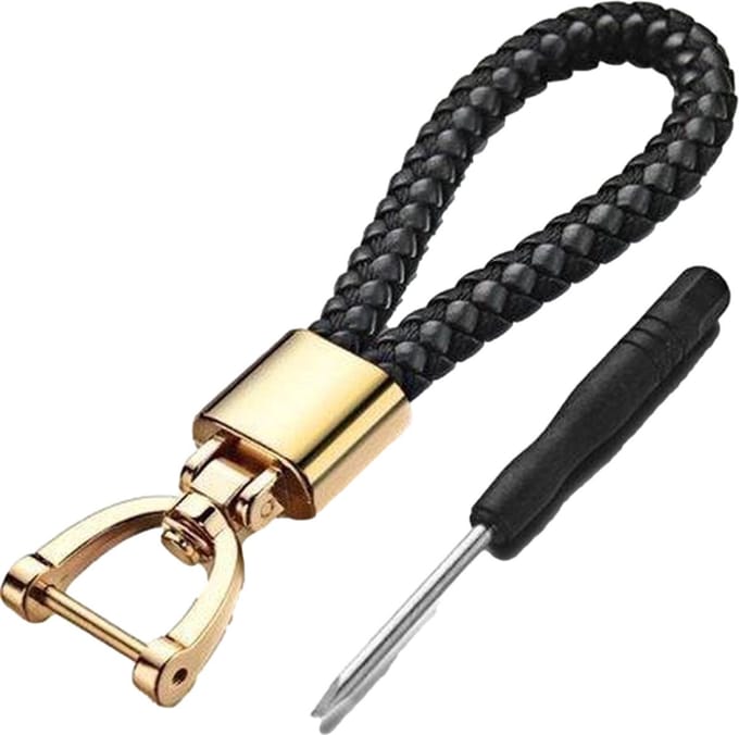 *** Chique leren Sleutelhanger Goud - Auto - Motor - Luxe Zwart Geweven - van Heble® ***