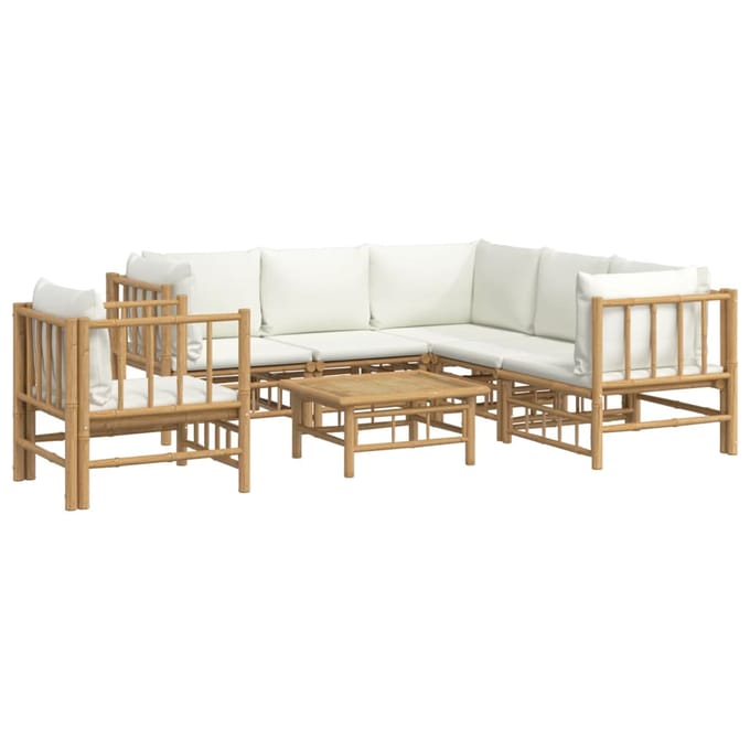 vidaXL - 7-delige - Loungeset - met - kussens - bamboe - crèmewit