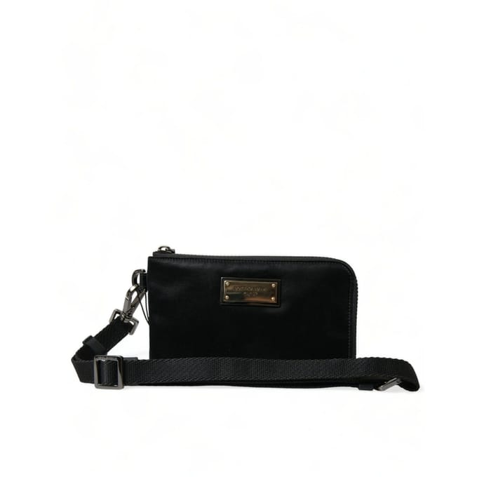 Zwarte Nylon Logo Plaquette Sleutelhanger Pouch Clutch Tas