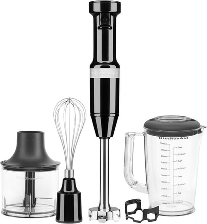 Professionele Kitchenaid Staafmixer Set 20cm - Zwart / Onyx Black - Garde + Hakmolen + Mengbeker + Panbeschermer