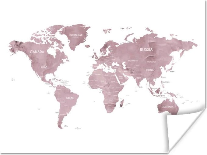 Poster Wereldkaart - Roze - Design - 160x120 cm XXL