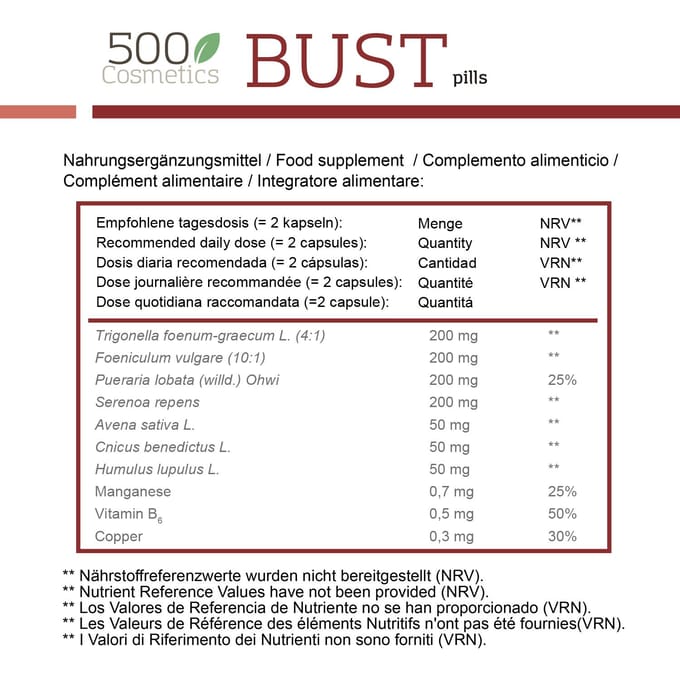 500COSMETICS BUST PILLS, gélules pour raffermir et augmenter les seins Unique blanc/marron