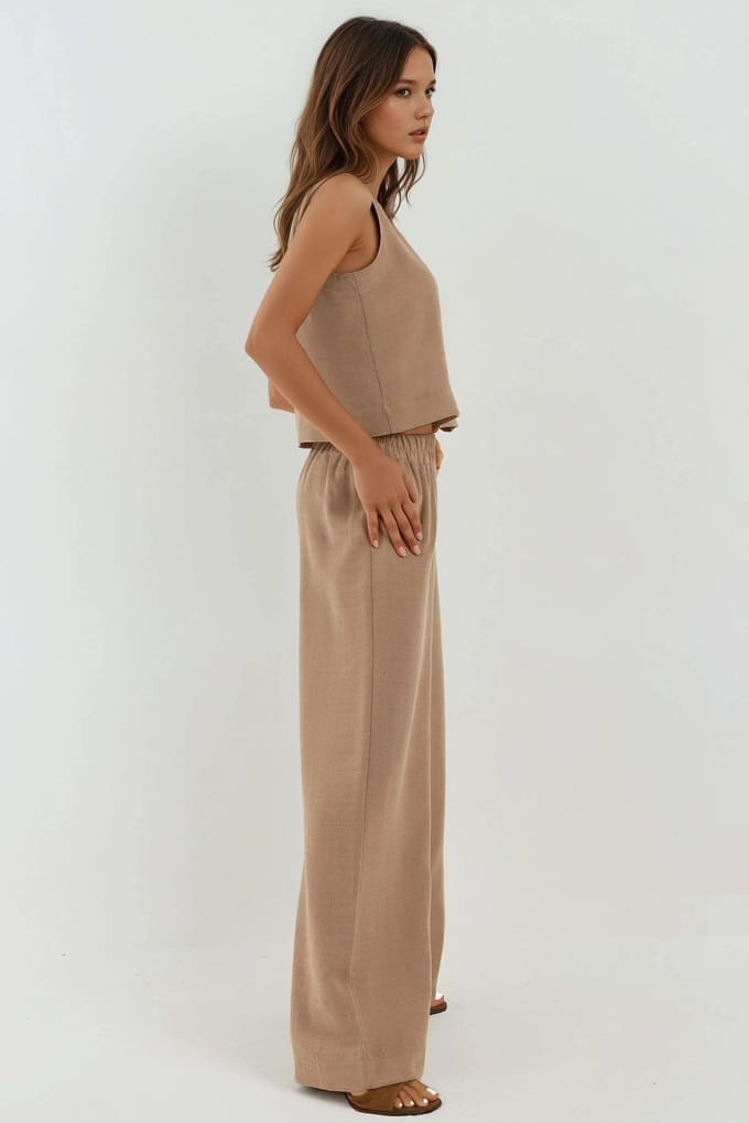 Linnenlook Blouse & Elastische Taille Broek Twee-delige Coördinatie Set