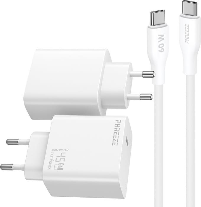 Phreeze usb C oplader 45w pps fast charger met usb C naar usb C kabel 1 meter - S25 S24 A56 en Laptop