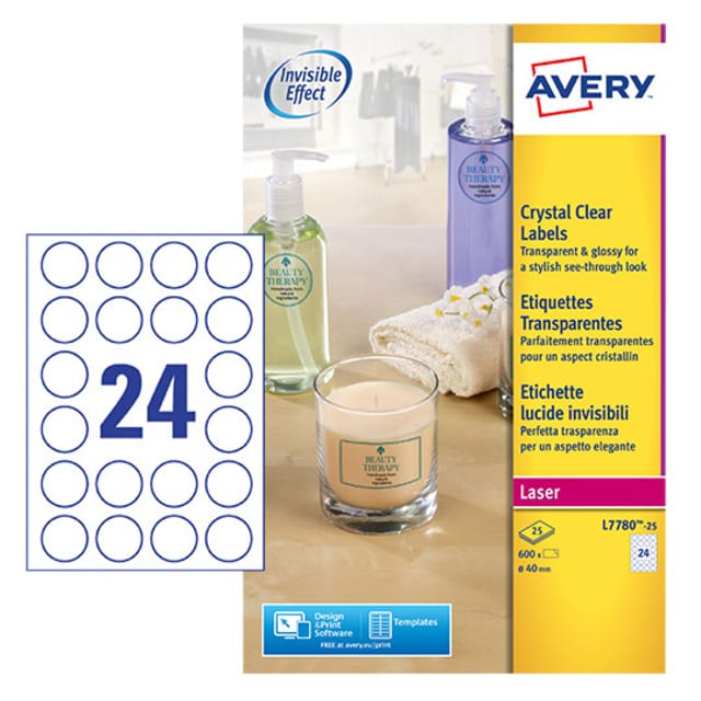 Laseretiket Avery rond 40mm transp. 25 vel 24 etiketten per vel