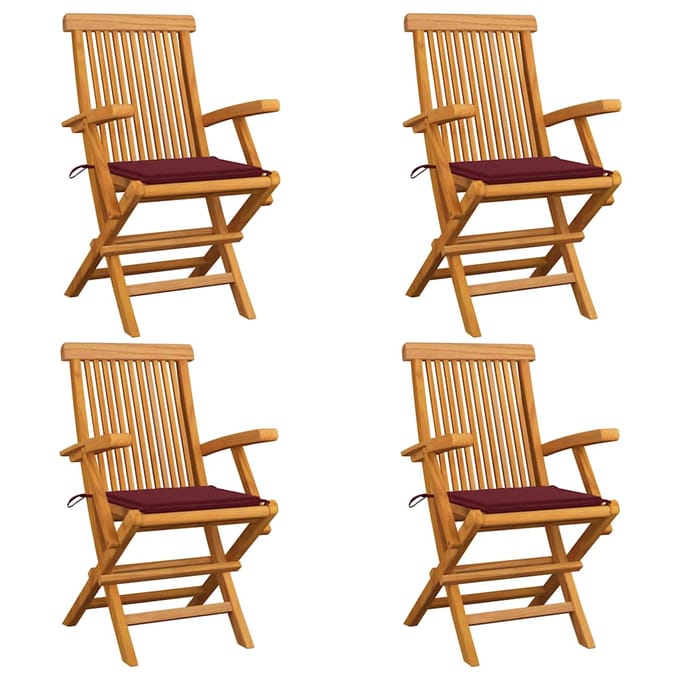 vidaXL - Klapstoelen - met - wijnrode - kussens, - 4 - stuks, - massief - teakhout