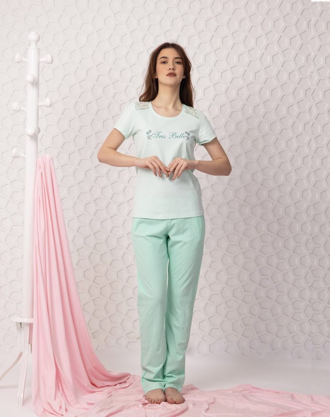 VANILLA - Tres Belle dames pyjama - Pyjamasets - Egyptisch katoen - Mintgroen - 8909 - S