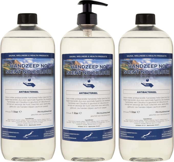 Handzeep No Scent, No Colour 1 liter - met gratis pomp - set van 3 stuks