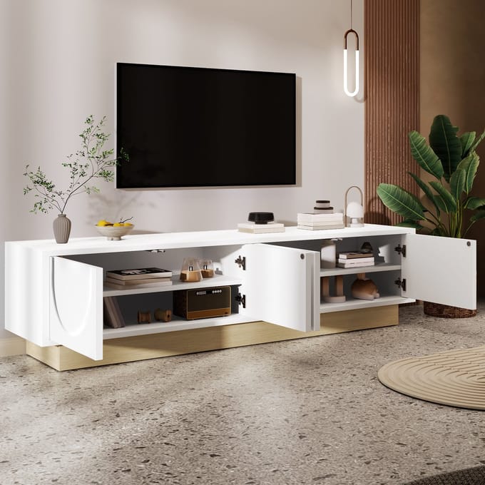 Modern tv-meubel - met houtnerf - minimalistisch gebogen ontwerp - veel opslagruimte en kabelbeheer - wit