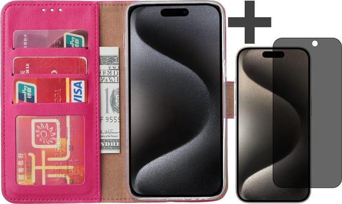 Hoesje met Privacy Screenprotector Geschikt voor iPhone 15 Pro – Arara bookcase met pasjeshouder - Roze