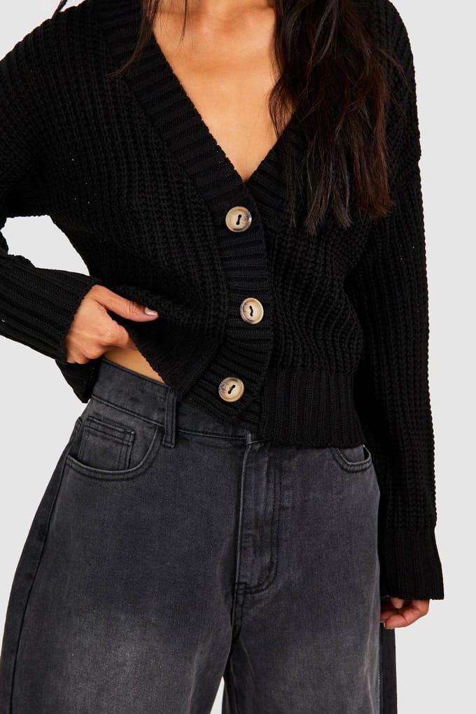 boohoo Dames Button Through Crop Cardigan | Zwart | Maat: Large