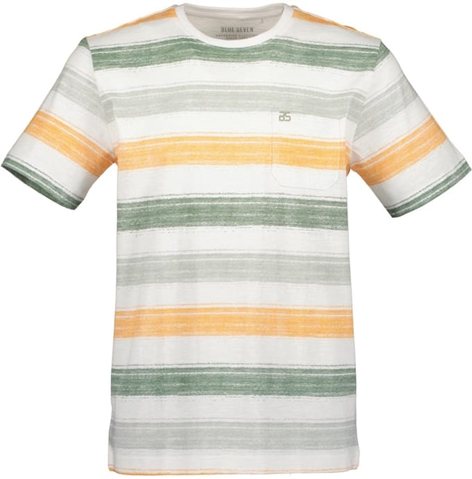 Blue Seven - Shirt 302827 groen / wit / oranje streep KM - maat M