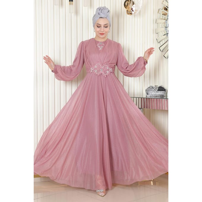Parel Detailed Gedrapeerd Glitter Avondjurk Oud roze