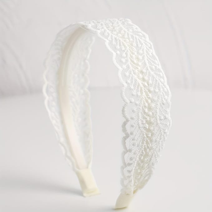 Bandeau uni polyvalent en dentelle brodée beige