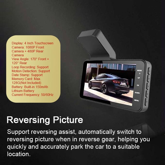 1080P DVR Dash Camera 4 Inch Auto Dashcam Rijrecorder 170 graden Groothoek met Touchscreen Ondersteuning zwart