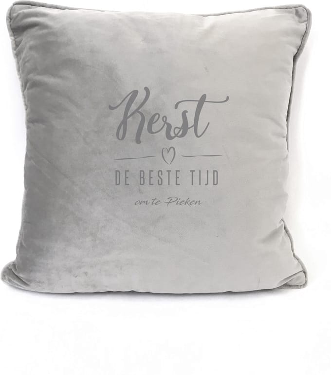 Grijs sierkussen Velours - 45x45cm - Met Tekst: Kerst De Beste Tijd Om Te Pieken. Kerst Decoratie
