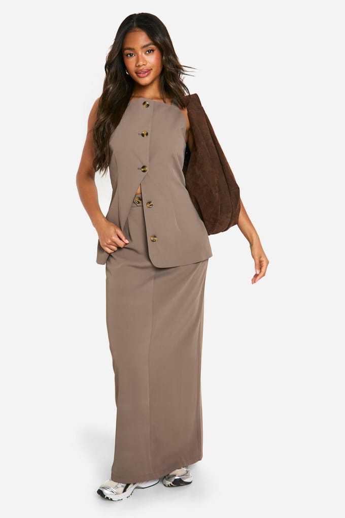 boohoo Dames High Square Neck Longline Waistcoat | Mocha | Maat: 8