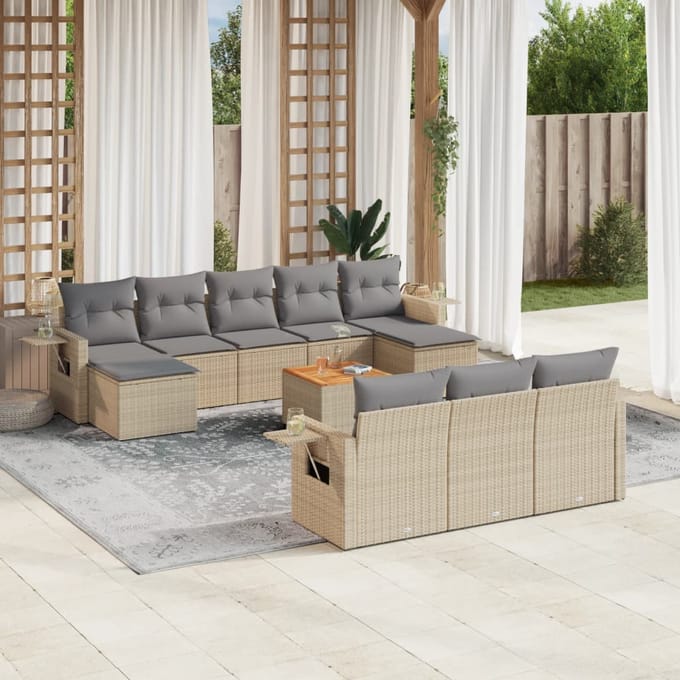 vidaXL - 11-delige - Tuinset - met - kussens - poly - rattan - beige