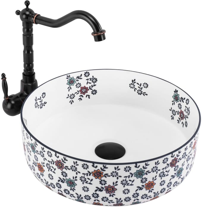 Rea Wastafel Stefania Fiori - Rond - Wit, Patroon - 36X36X12Cm