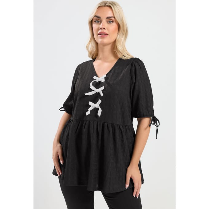 Yours Zwarte Top Met Strik En Textuur Aan De Voorkant Size 48