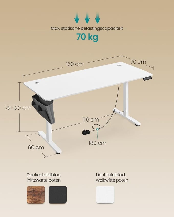 Bureau – Elektrisch verstelbaar – 70×160×72–120 cm – Zwart